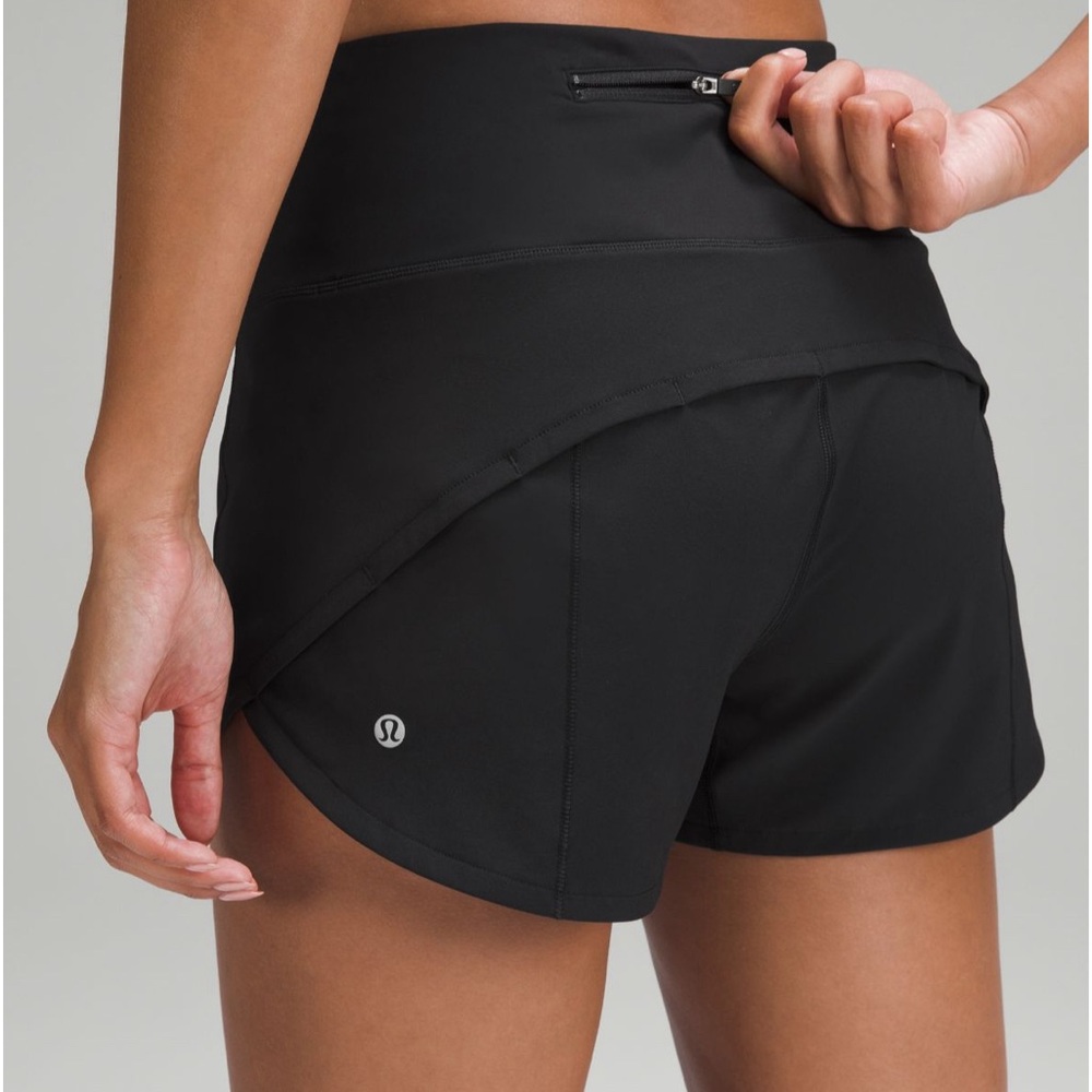 Women’s black Lululemon Speed Up High-Rise Lined Short 4”; size 4